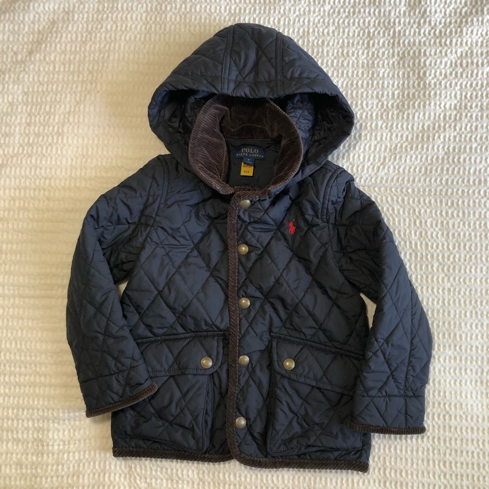 Polo by Ralph Lauren Kids Quilted Hooded Jacket in Navy with Brown Trim Size 5T